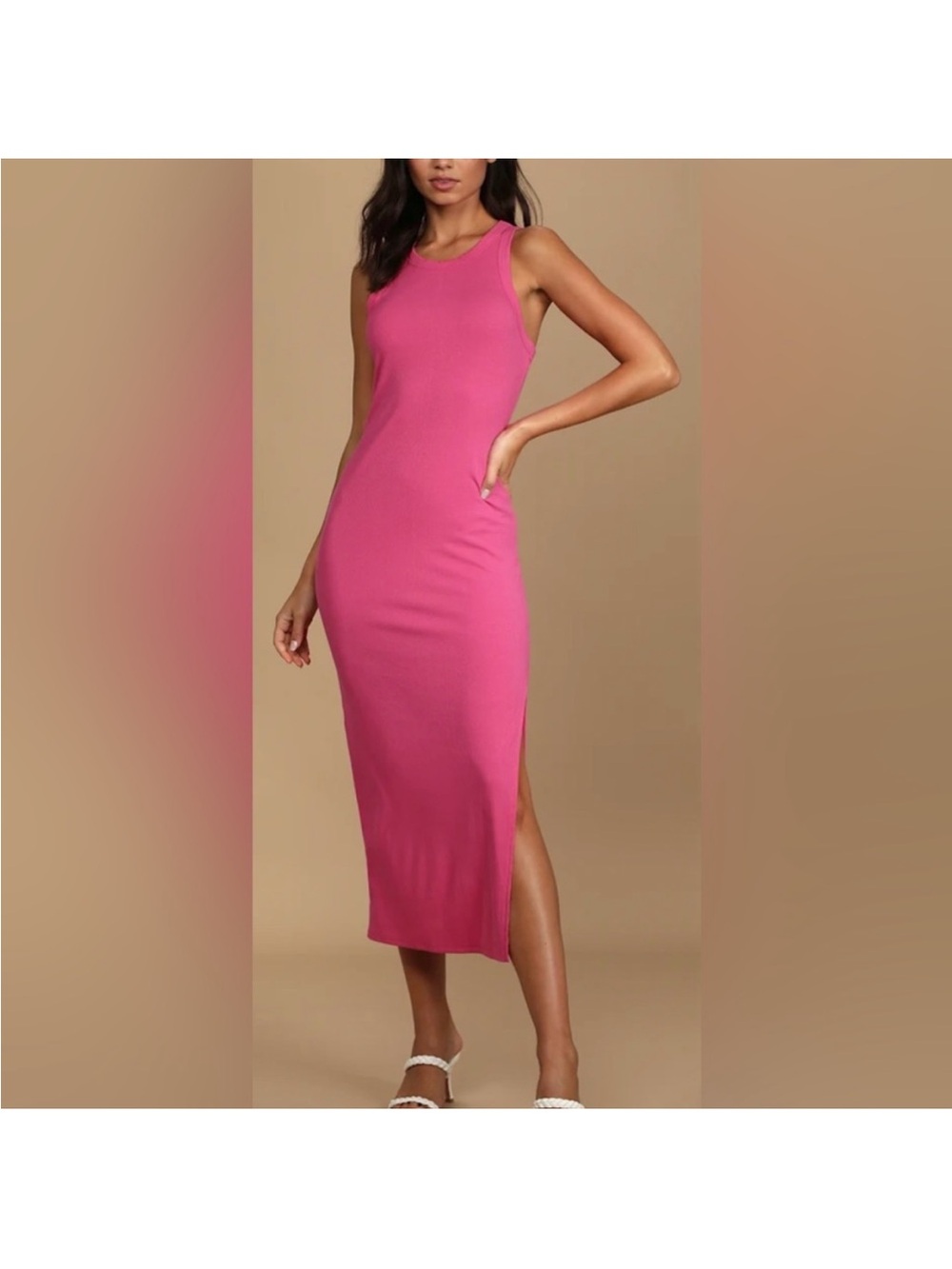 Lulu's Hot Pink Ribbed Midi Tank Dress with Side Slit